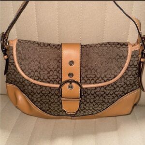 Coach Brown Monogram Shoulder Bag with Tan Trim